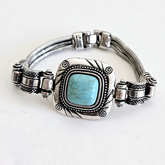 Faux Turquoise Chunky Bracelet Blue Silvertone Southwestern Aztec Boho Geometric - Picture 2 of 8